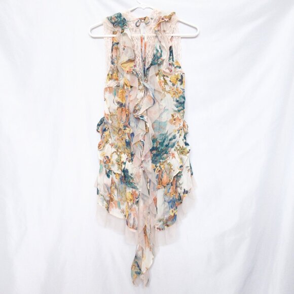 By Anthropologie Sleeveless Trailing Ruffle Blouse Floral Print Lace Trim Large - Picture 5 of 12